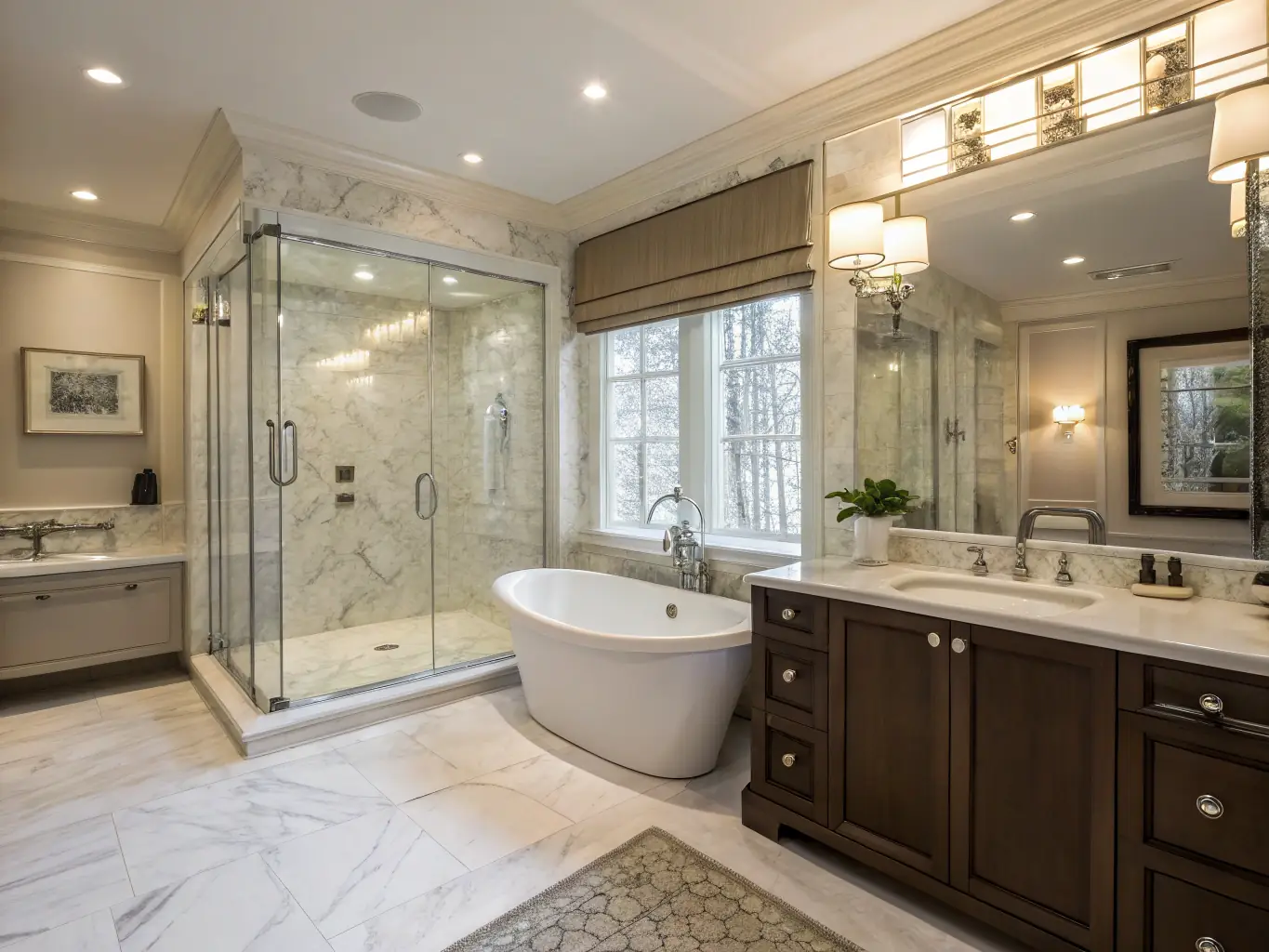 A luxurious bathroom featuring a walk-in shower, soaking tub, and custom vanity, highlighting Jaar & Co.'s attention to detail in bathroom remodels.