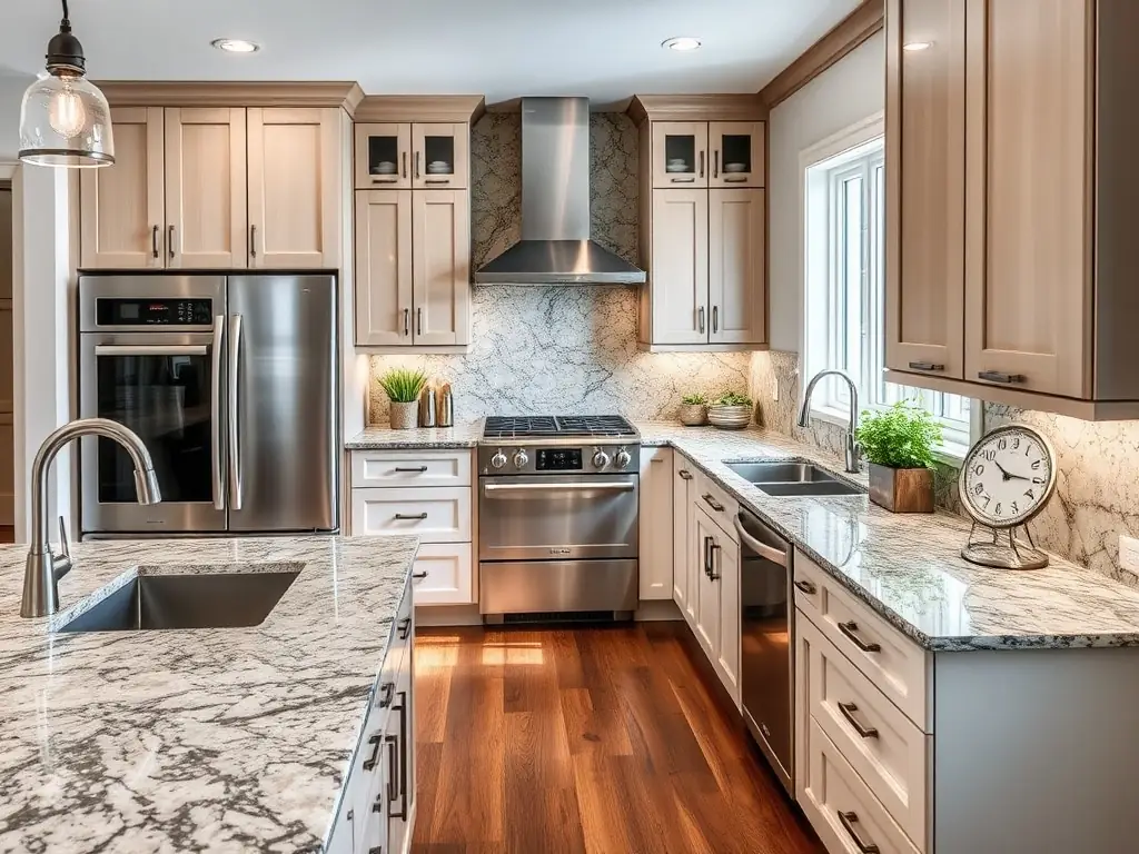 A beautifully remodeled kitchen with custom cabinets, granite countertops, and stainless steel appliances, showcasing Jaar & Co.'s expertise in kitchen renovations.