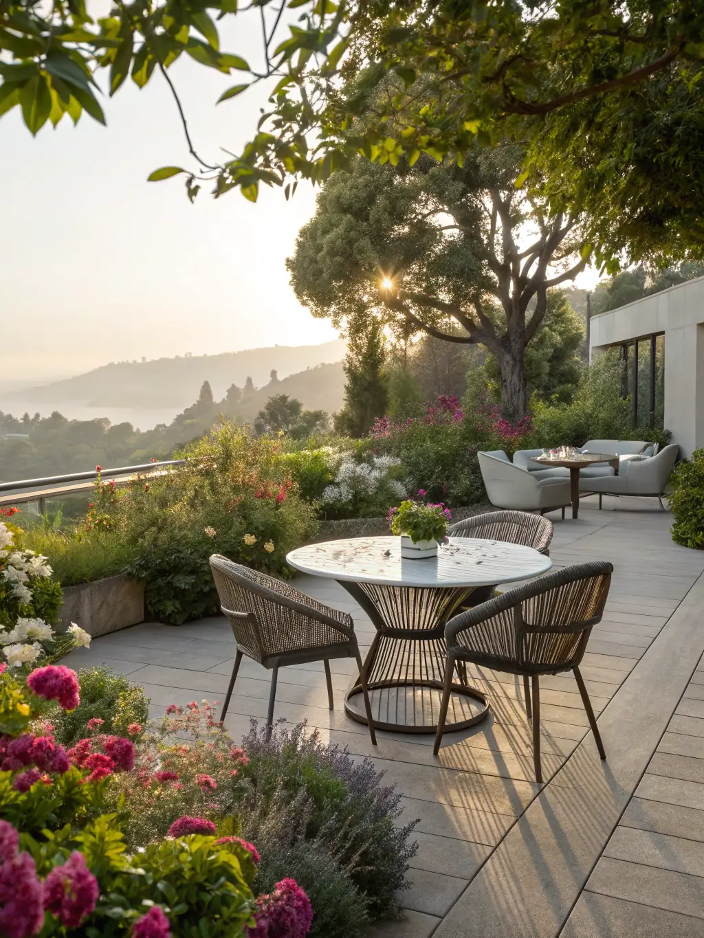 An inviting outdoor living space designed and built by Jaar & Co., featuring a custom patio, comfortable seating, and landscape lighting.