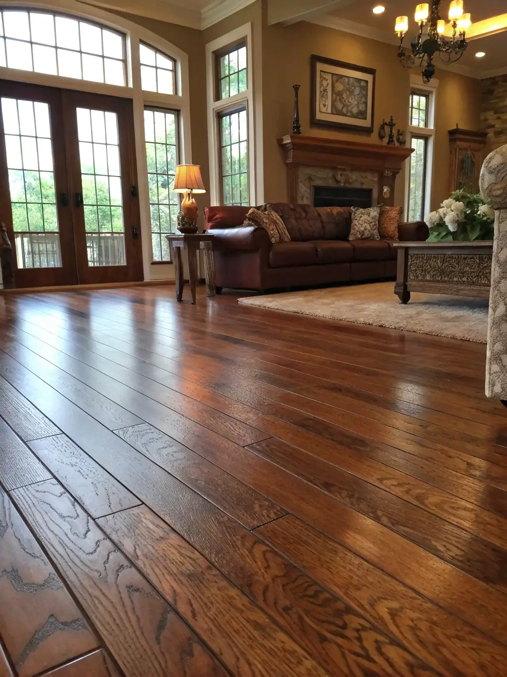 A close-up shot of a meticulously installed hardwood floor, highlighting the natural grain and rich color variations, with a focus on the precision of the installation.